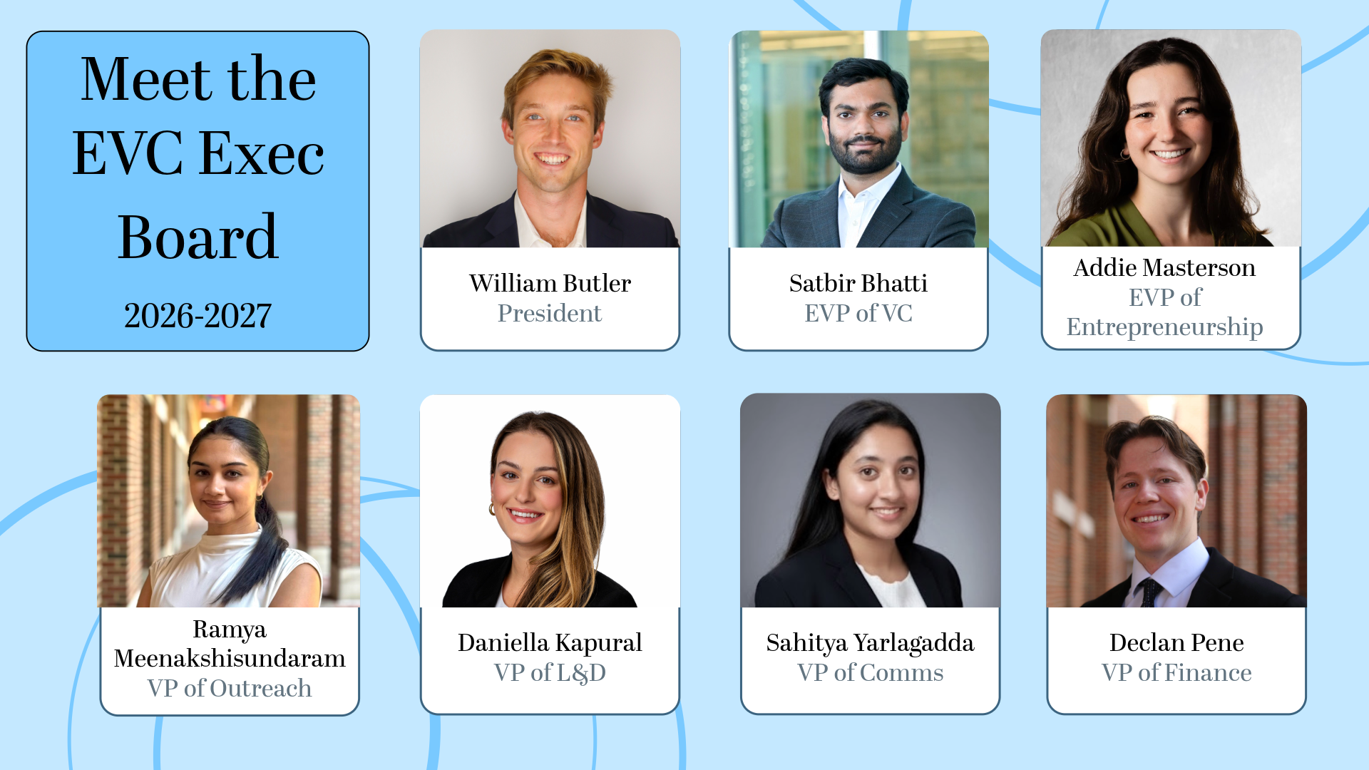 The 2026–2027 EVC Executive Board: William Butler (President), Satbir Bhatti (EVP of VC), Addie Masterson (EVP of Entrepreneurship), Ramya Meenakshisundaram (VP of Outreach), Daniella Kapural (VP of L&D), Sahitya Yarlagadda (VP of Comms), and Declan Pene (VP of Finance).